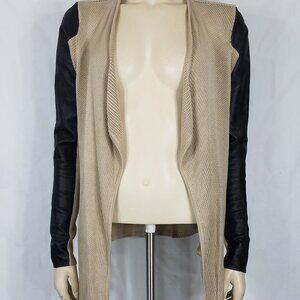 7 for All Mankind tan beige black Lamb leather sleeve open front cardigan Small